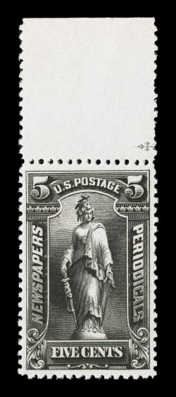 PR104, 5c Black, top sheet-margin single, wonderfully well centered, strong rich color and a highly detailed impression on brilliantly white paper, o.g., lightly hinged,
extremely fine 2005 PF certificate.