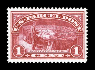 Q1, 1c Parcel Post, beautifully centered within extravagantly large margins, radiant color and a deep impression, pristine o.g., n.h., extremely fine gem 2007 PSE certificate
(XF-Superb 95 SMQ $290.00).