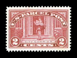 Q2, 2c Parcel Post, extraordinarily well centered within lavishly large margins, bright fresh color, o.g., n.h., extremely fine a truly gem example of the Two Cent Parcel Post
2002 PSE certificate (XF-Superb 95 SMQ $350.00).