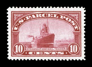 Q6, 10c Parcel Post, a stunning jumbo-margined mint single, possessing huge margins all around and being incredibly well centered within these vast borders, intensely rich
color and a vivid impression, o.g., n.h., minor natural gum skips, extrem