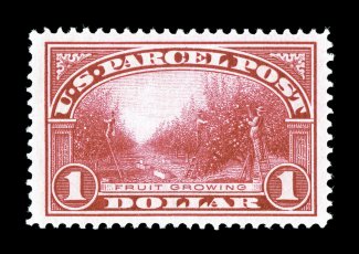 Q12, $1.00 Parcel Post, very well centered within extravagantly large margins, brilliantly rich color, o.g., faintly hinged, extremely fine 2007 PSE certificate (VF-XF 85 Jumbo
SMQ $415.00 for 85 and $510.00 for 90).