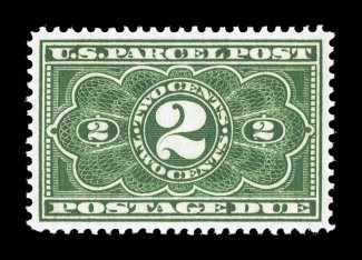 JQ2, 2c Parcel Post Postage Due, exceedingly well centered and margined, especially for this difficult stamp, lovely rich color and a highly detailed impression on bright
paper, o.g., n.h., extremely fine 2007 PSE certificate (XF 90 SMQ $540.0