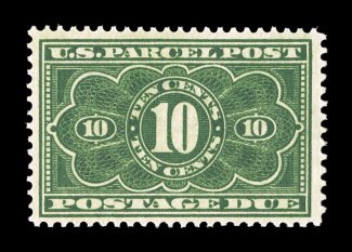 JQ4, 10c Parcel Post Postage Due, nicely centered within unusually large margins, strong bright color and a crisp impression, o.g., n.h., very fine 2006 PSE certificate (VF 80
SMQ $430.00).