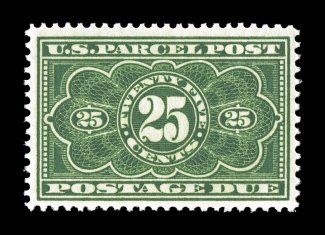 JQ5, 25c Parcel Post Postage Due, well centered within much larger margins than typically found on this stamp, sumptuously rich color and a highly detailed impression, o.g.,
n.h., choice very fine 2006 PSE certificate (VF 80 - a most conservati