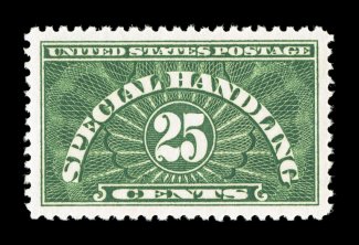 QE4a, 25c Deep green Special Handling, flawlessly centered amid extravagantly large margins, deeply rich color and a sharp impression, o.g., n.h., extremely fine gem 2007 PSE
certificate (Superb 98 SMQ $550.00) this is the only example to gra