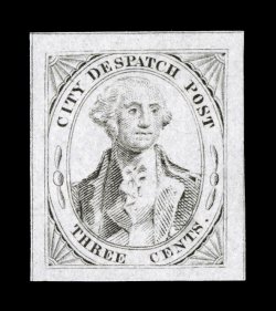 40L1, City Despatch Post 3c Black on grayish, extra-large even margins all around showing all or most of the dividing lines on three sides, strong color and impression, o.g.,
lightly hinged, extremely fine 1989 PF certificate.