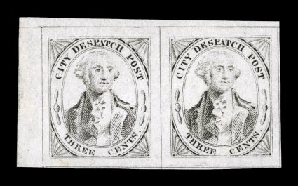 40L1, City Despatch Post 3c Black on grayish, left sheet-margin horizontal pair from the top left corner of the sheet, huge margins showing complete dividing lines on all four
sides, exceptionally fresh, full o.g., lightly hinged, extremely fine