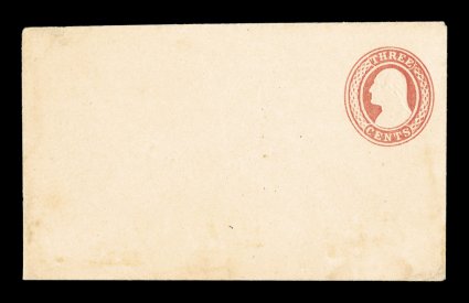 U1, 3c Red on white, die 1, size 2, knife 2, wmk. 1, elusive mint example of this extremely rare entire, the smaller and more desirable size 2 which is valued 20% higher in
UPSS, light fold and insignificant reduction at left, faint soiling at b