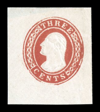 U3, 3c Red on white, die 2, an uncommonly fresh and select mint cut square, being a full corner less the top back flap portion, measuring 35x40mm, deep luxuriant color on
especially bright fresh paper, extremely fine an elusive cut square that