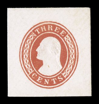 U3, 3c Red on white, a wonderfully fresh and choice mint cut square, being a full corner example measuring 35x37mm, rich color on bright paper, extremely fine full corners of
this are especially elusive.