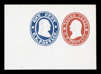 U28, 3c + 1c Red and blue on white, mint cut square, an impressive full corner measuring 65x46mm, exceptionally bright and fresh, extremely fine.