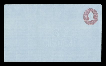 U36, 3c Pink on blue letter sheet, die 15, knife L2, wmk. 1, mint letter sheet measuring 256x405mm, immaculate condition, extremely fine ex-Floyd.