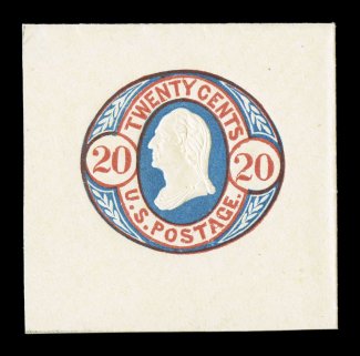 U43, 20c Red and blue on buff, gem mint cut square, well centered in full corner measuring 43x42mm, wonderfully fresh bright colors on clean bright paper, extremely fine
ex-Whitington.