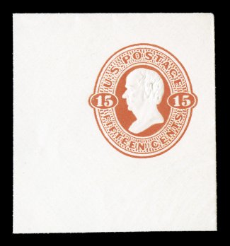 U97, 15c Red orange on amber, an especially handsome mint cut square, being a full corner measuring an extra-large 50x54mm, wonderfully fresh and clean with highly detailed
embossing, extremely fine ex-Whitington.