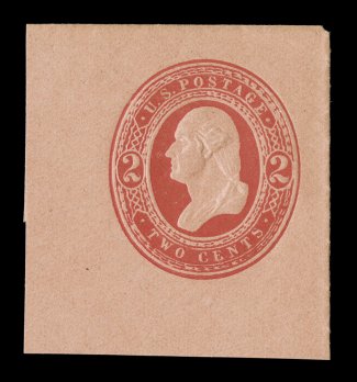 U246, 2c Red on fawn, mint cut square, being a full corner measuring 42x45mm, sharp detailed embossing, extremely fine.