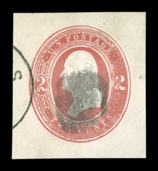 U247, 2c Red on white, round O in TWO, used cut square, measuring 34x37mm, fresh with bright color on clean white paper, neat black cancel, very fine and choice example of a
scarce die.