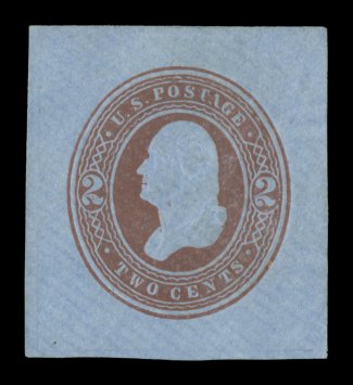 U290, 2c Brown on blue, mint cut square, measuring a well balanced 37x40mm, strong color, extremely fine an especially rare cut square in this premium
condition.