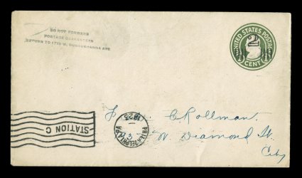 U465, 2c on 1c Green on white, die 1, type 3 surcharge, UPSS die 127(A), size 10, knife 59, wmk. 20, unusual used entire, posted locally as printed matter in the proper period
in Philadelphia with Philadelphia, Pa.1923 machine cancel without