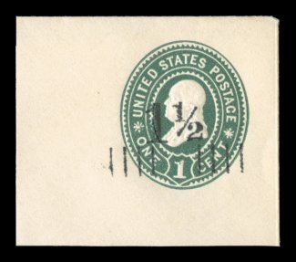 U488, 1 12c on 1c Green on white, select mint cut square, being a full corner measuring a large 51x46mm, deep color and sharp embossing, fresh and extremely
fine.