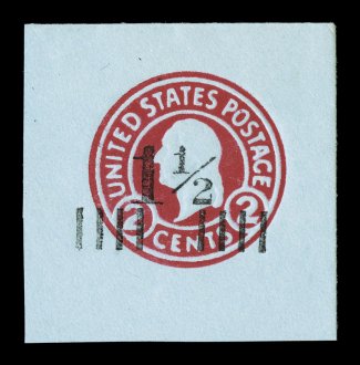 U504, 1 12c on 2c Carmine on blue, die 1, mint cut square, full corner measuring a perfectly balanced 42x42mm, fresh and extremely fine signed Richard
Champagne.