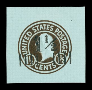 U506 var., 1 12c on 1 12c Brown on blue, die 1, mint cut square, measuring 40x38mm, choice very fine this surcharge on blue paper is listed only on die 8, but this is clearly
die 1, a rare unlisted variety.