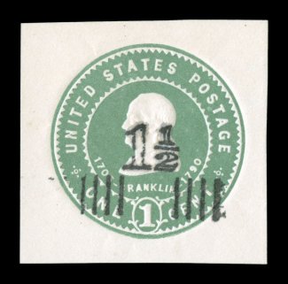 U508A, 1 12c on 1c Green on white, mint cut square, measuring an attractively balanced 38x37mm, fresh and clean, very fine exceptionally rare, as it is reported only eighteen
envelopes were originally printed, several of which still exist,