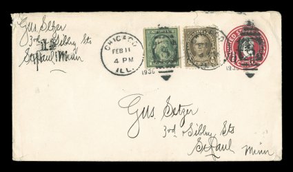 U520 var., 1 12c on 2c Carmine on white, die 1, double surcharge, UPSS die 134, size 10, knife 59, wmk. 25, a most unusual used entire in one of the scarcer smaller sizes,
bearing one surcharge impression on the stamp imprint and one at left un