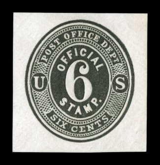 UO13, 6c Black Post Office Dept. on white, a very rare mint cut square, measuring a nicely balanced 33x34mm, wonderfully sharp embossing on bright white paper, very
fine.