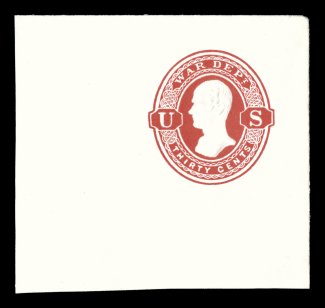UO43, 30c Vermilion War Dept. on white, gem mint cut square, an enormous full corner measuring an impressive 62x58mm, marvelously fresh with brilliant color on pristine paper,
extremely fine and very scarce in this stellar quality.