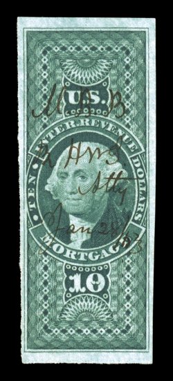 R95a, $10.00 Mortgage, imperforate, impressive quality used example, possessing large to extra-large margins all around, deep rich color and a detailed impression on bright
paper, neat and unobtrusive ms. cancel dated 1863, extremely fine and ha