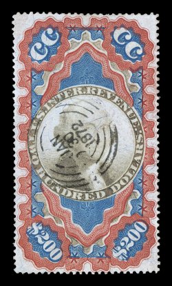 R132, $200.00 Red, blue and black, Small Persian Rug, a wonderfully choice used example of this scarce and popular revenue, completely free of faults which plague this large
sized stamp, with remarkably bright colors and highly detailed impres