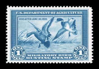 RW1, 1934 $1.00 Blue, exceptionally well centered within huge margins, deep luxuriant color and a highly detailed impression on bright white paper, o.g., n.h., extremely fine
an especially large-margined stamp 1989 APS certificate, 1992 PF cer
