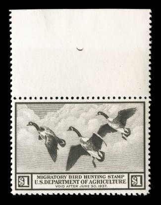 RW3, 1936 $1.00 Brown black, handsome top sheet-margin single, exceedingly well centered and margined, strong rich color and a highly detailed impression, o.g., n.h., extremely
fine 2005 PSE certificate (XF-Superb 95 SMQ $1,000.00).