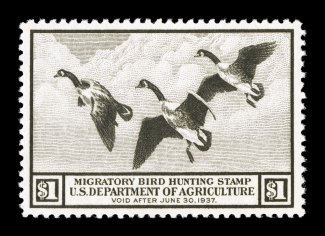 RW3, 1936 $1.00 Brown black, exceptionally well centered within uncommonly large margins, wonderfully bright and fresh, o.g., n.h., extremely fine 2007 PSE certificate
(XF-Superb 95 SMQ $1,000.00).