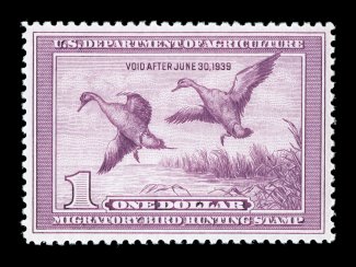 RW5, 1938 $1.00 Light violet, uncharacteristically well centered and margined, strong rich color, o.g., n.h., a few trivial gum skips, extremely fine clear 2001 PF
certificate.