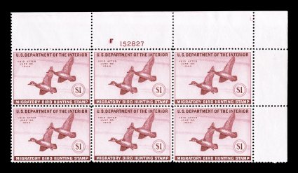 RW10, 1943 $1.00 Deep rose, full top right margin plate no. F152827 block of four, exceedingly well centered, rich bright color, o.g., n.h., extremely fine.