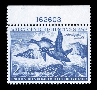 RW19, 1952 $2.00 Deep ultramarine, top margin plate no. 162603 single, beautifully centered within unusually large margins, deep rich color, o.g., n.h., extremely fine 2007 PSE
certificate (XF-Superb 95 SMQ $240.00).
