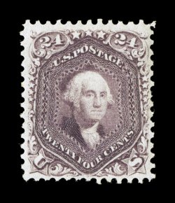 70c, 24c Violet on thin paper, an enormously rare mint example of the first issued color of the 1861 24c stamp, with gorgeous color that shows the true violet shade quite well,
attractively centered, full original gum, horizontal crease at top w
