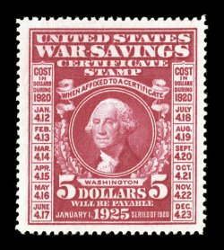 WS5, $5.00 Carmine War Savings, extraordinarily well centered within lavish margins, deep vibrant color, o.g., lightly hinged, extremely fine 1988 PF
certificate.