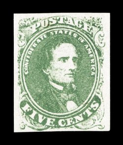 1, 5c Green, position 50, right sheet-margin single, other margins also quite large, bright color on pristine white paper, o.g., extremely fine photocopy of a 1989 PF
certificate for a block of four, this being the bottom right stamp.