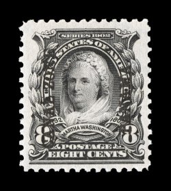 7, 8c Violet black, a remarkably choice mint example, being exceedingly well centered within unusually large margins, deep luxuriant color and an outstanding impression on
bright paper, immaculate o.g., n.h., extremely fine gem a terribly diffi