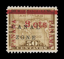 14a, 8 cts on 50c Bister brown, ZONE in antique type, a most impressive mint example of this rare variety, with rich luxuriant color, exceptionally well centered and margined,
fresh clean o.g., lightly hinged, very fine certainly among th