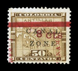 15a, 8 cts on 50c Bister brown, Panama reading down and up, nicely centered within large margins, strong rich color, unusually fresh o.g. that is very lightly hinged, there is
a tiny perf. flaw at top left that is truly insignificant and not