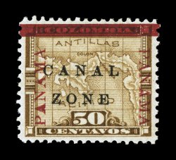 20c, 8 cts on 50c Bister brown, 8 cts omitted, an exceptional mint example of this very scarce error, being especially well centered, deeply rich color and a strong impression,
fresh o.g., lightly hinged, extremely fine among the finest q
