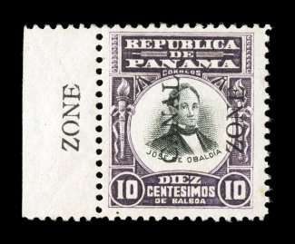 26b, 10c Violet and black, overprint reading up, choice left sheet-margin single, with additional Zone in the selvage, strong color and impression on fresh paper, o.g., lightly
hinged, very fine one of the rarest varieties in all of Canal Z