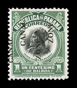 46b, 1c Light green and black, Canal Zone double, exceedingly well centered within large margins, bright fresh colors, o.g., lightly hinged, extremely fine a particularly
choice example of this very scarce error 2005 PF certificate.