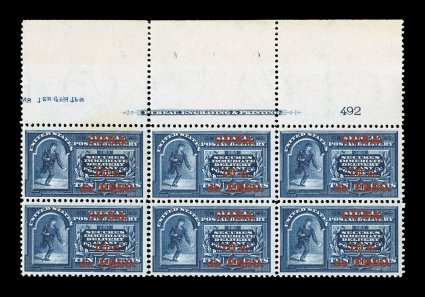 E1, 10c on 10c Blue special delivery, a very rare full top margin imprint and plate no. 492 block of six, deep luxuriant color and a razor-sharp impression, well centered,
fresh clean o.g., never hinged, several perf. separations in the left