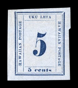 21, 5c Blue on blue, Plate 9-A, Ty. V (position 5), huge margins all around, rich fresh color, full o.g. (quite scarce thus), mild natural gum crease, extremely
fine.