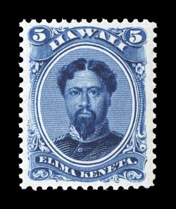 52C, 5c Deep indigo, pristine mint single, with deep prooflike color and impression on brilliantly white paper, exceptionally well centered within uncommonly large margins,
immaculate o.g., never hinged, extremely fine gem.