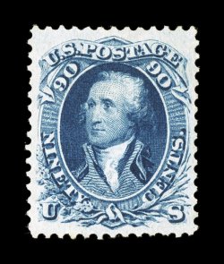 72, 90c Blue, a gem unused example, marvelously well centered amid extravagantly large margins rarely associated with this rare high value, sumptuously rich color and a
razor-sharp impression on bright crisp paper, extremely fine an incredibly